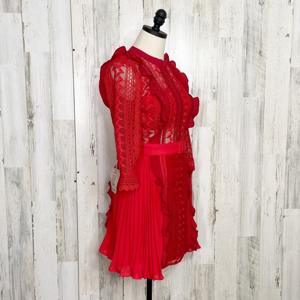 NWT Self-Portrait Red Geometric Lace Dress Guipure Crochet Preppy Twee Size 2 - Picture 7 of 16